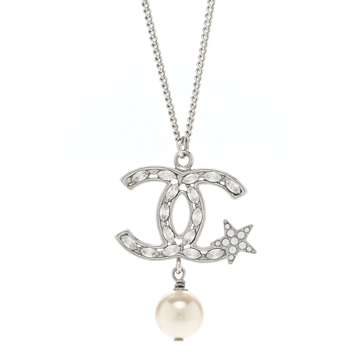 Chanel Crystal CC Star Pearl Drop Necklace Silver 4 of 6