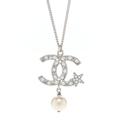 Chanel Crystal CC Star Pearl Drop Necklace Silver 4 of 6