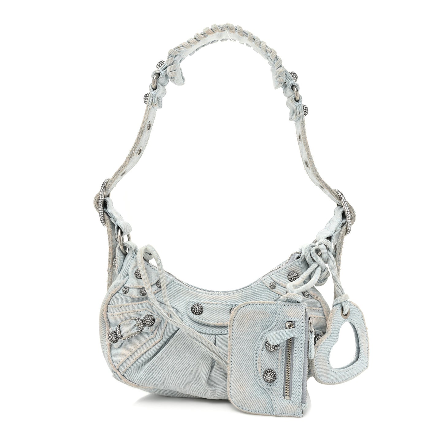 Washed Frayed Denim Crystal XS Le Cagole Shoulder Bag Pale Blue
