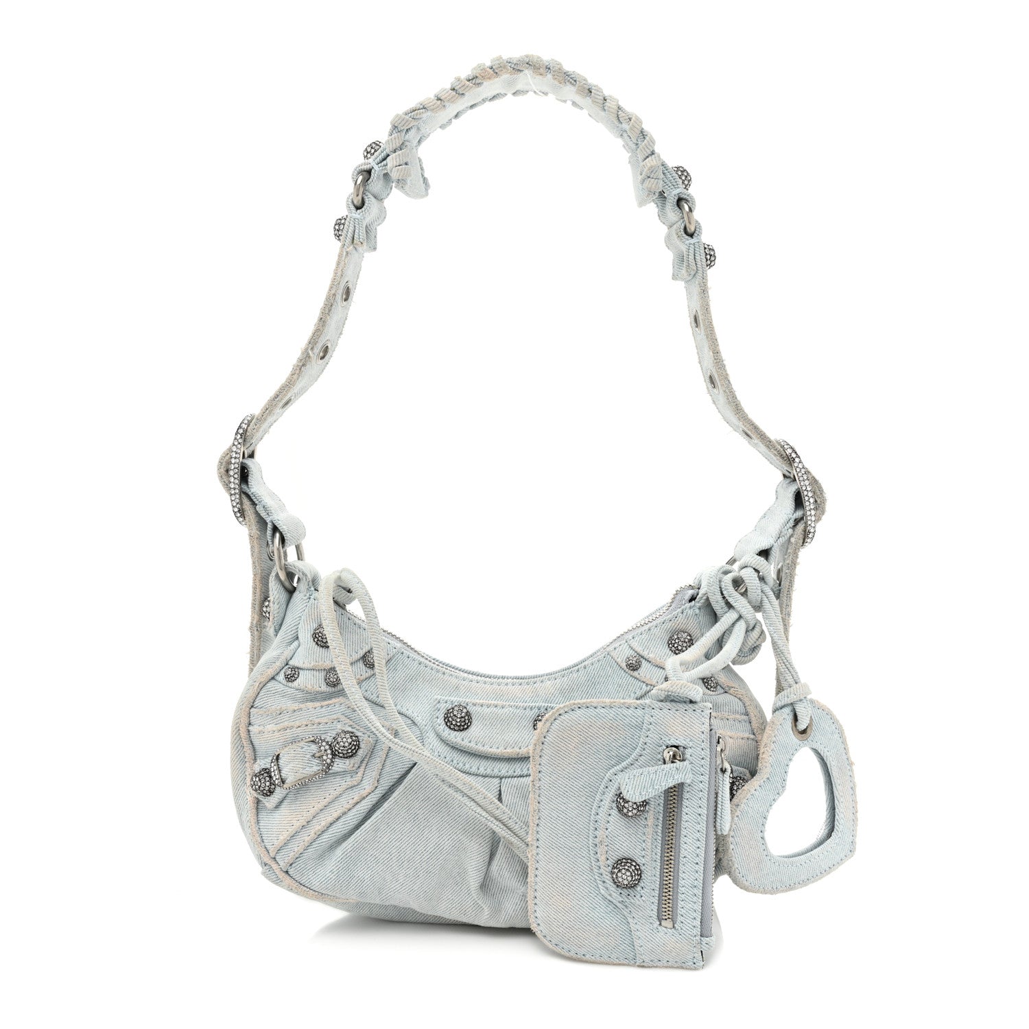 Balenciaga Washed Frayed Denim Crystal XS Le Cagole Shoulder Bag Pale Blue 1 of 9