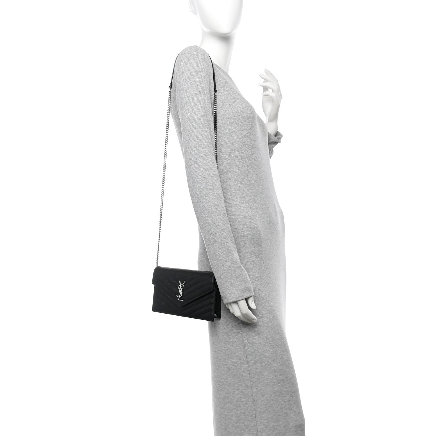 Saint Laurent Grain De Poudre Matelasse Chevron Monogram Envelope Chain Wallet Black 2 of 11