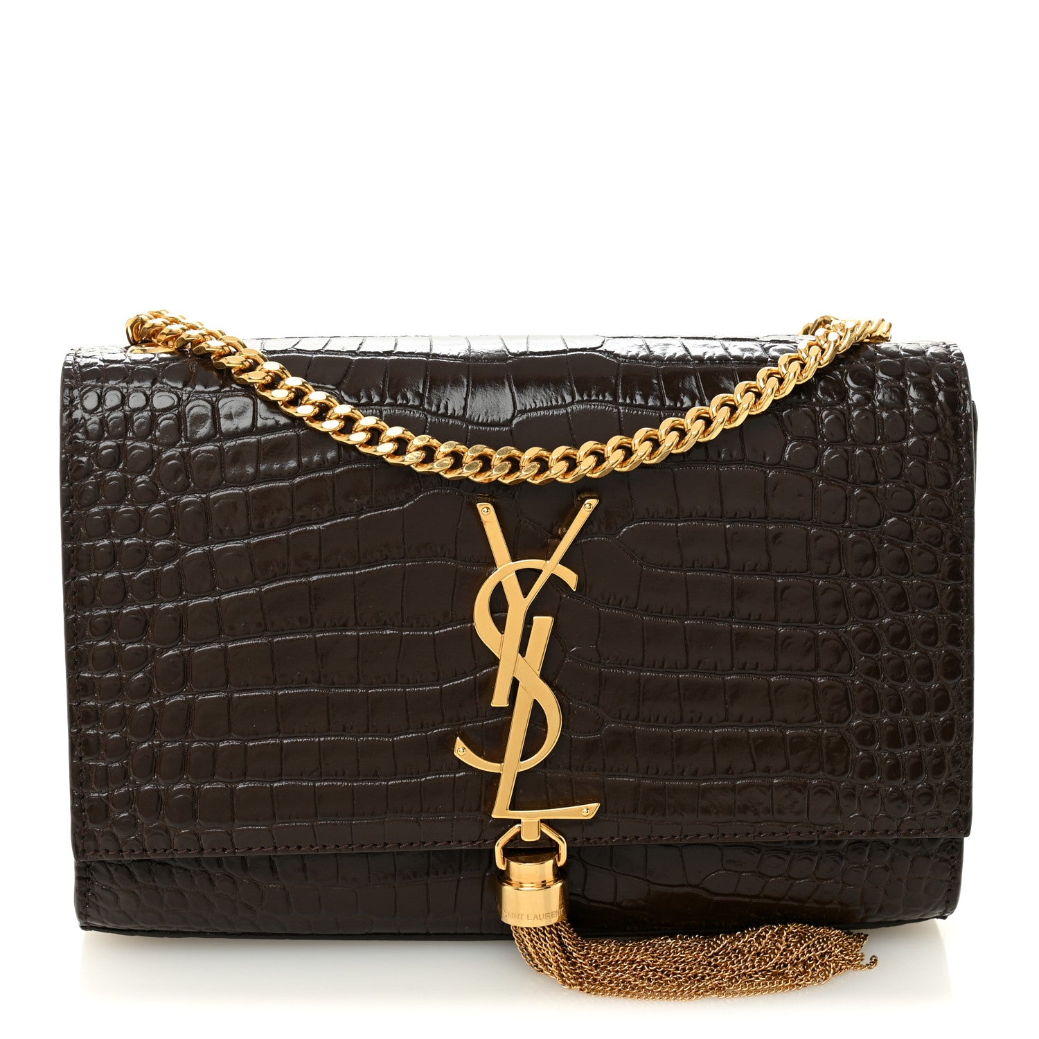 Saint Laurent Calfskin Crocodile Embossed Small Classic Monogram Kate Tassel Satchel Dark Brown 1 of 9