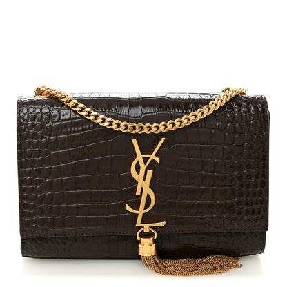 Saint Laurent Calfskin Crocodile Embossed Small Classic Monogram Kate Tassel Satchel Dark Brown 1 of 9