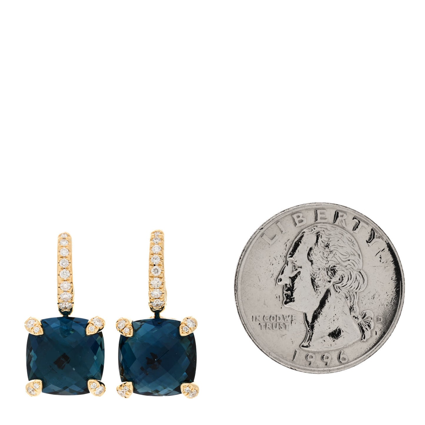 18K Yellow Gold Diamond Blue Topaz 11mm Chatelaine Drop Earrings