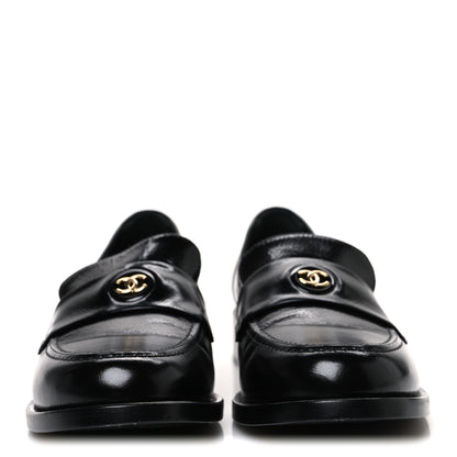 Chanel Shiny Calfskin Logo Loafers 38.5 Black 3 of 10