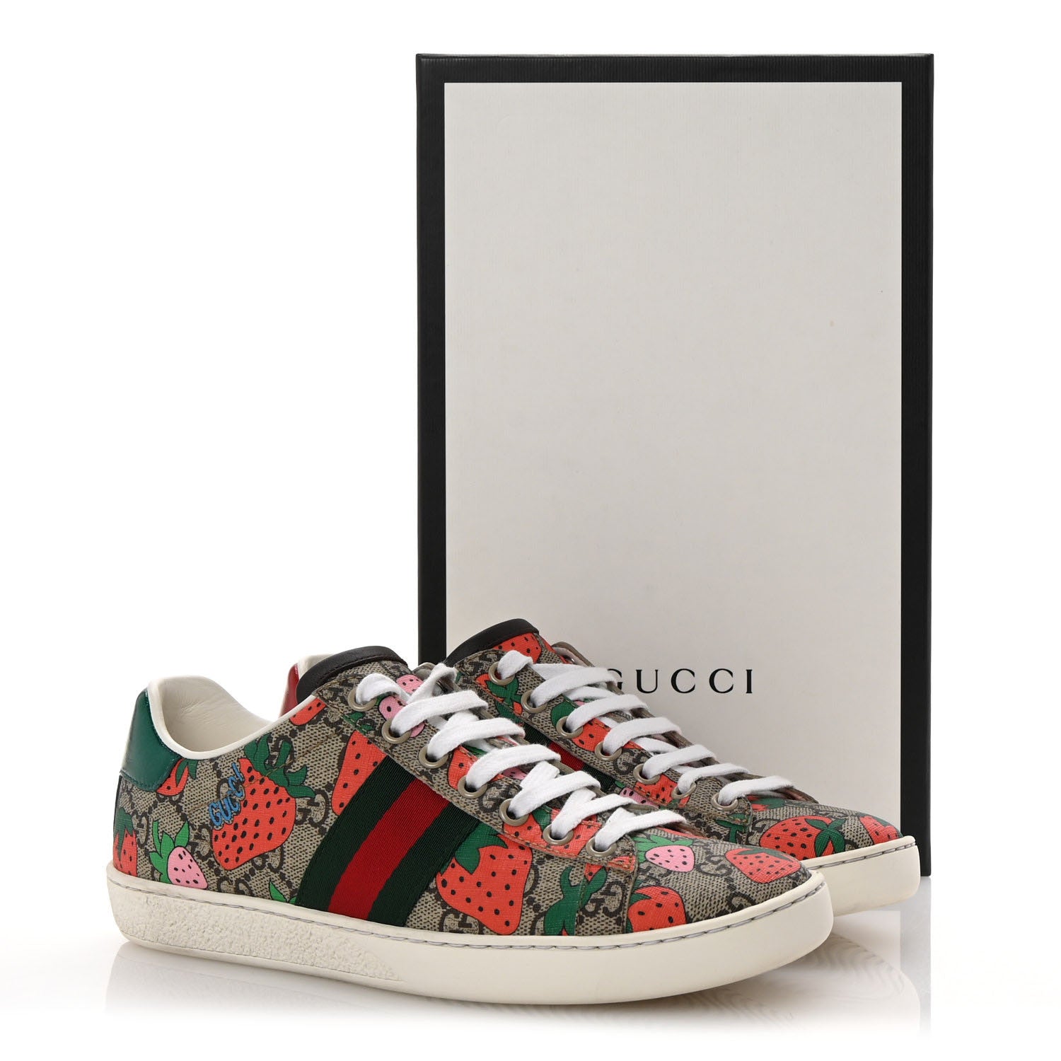 Gucci GG Supreme Monogram Strawberry Web Womens Ace Sneakers 37 Beige Multicolor Red Green 10 of 10