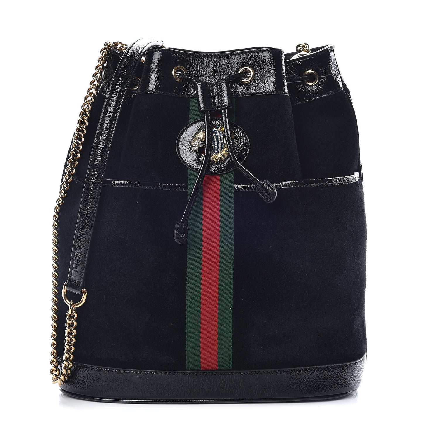 Suede Patent Web Medium Rajah Bucket Bag Black