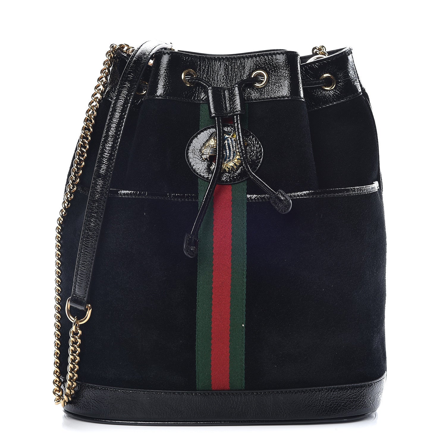 Gucci Suede Patent Web Medium Rajah Bucket Bag Black 1 of 16