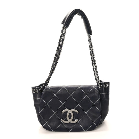 Lambskin Contrast Stitch Small Surpique Accordion Flap Navy