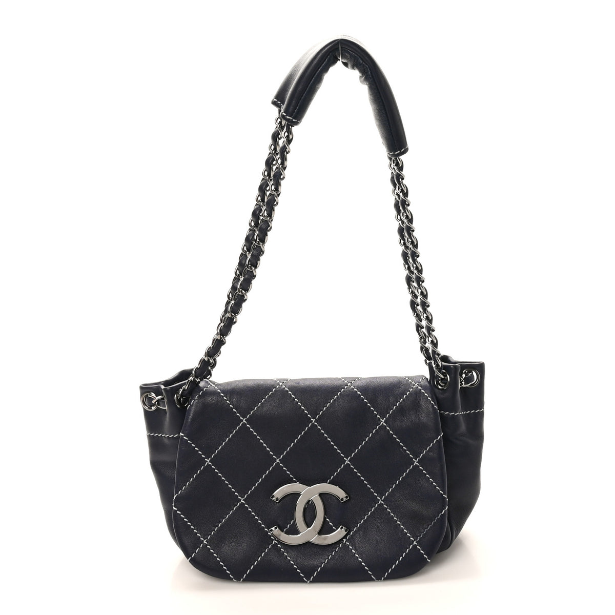 Lambskin Contrast Stitch Small Surpique Accordion Flap Navy