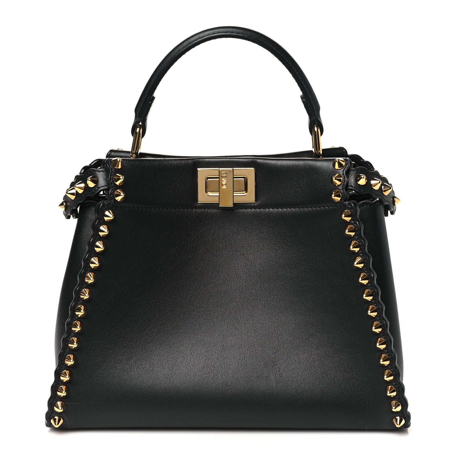 Fendi Vitello Seta Shiny Nappa Scalloped Studded Mini Peekaboo Iconic Satchel Black 1 of 11