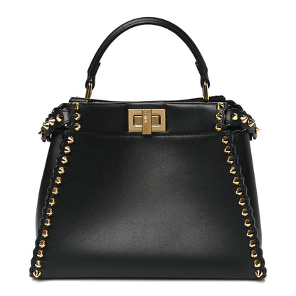 Fendi Vitello Seta Shiny Nappa Scalloped Studded Mini Peekaboo Iconic Satchel Black 1 of 11