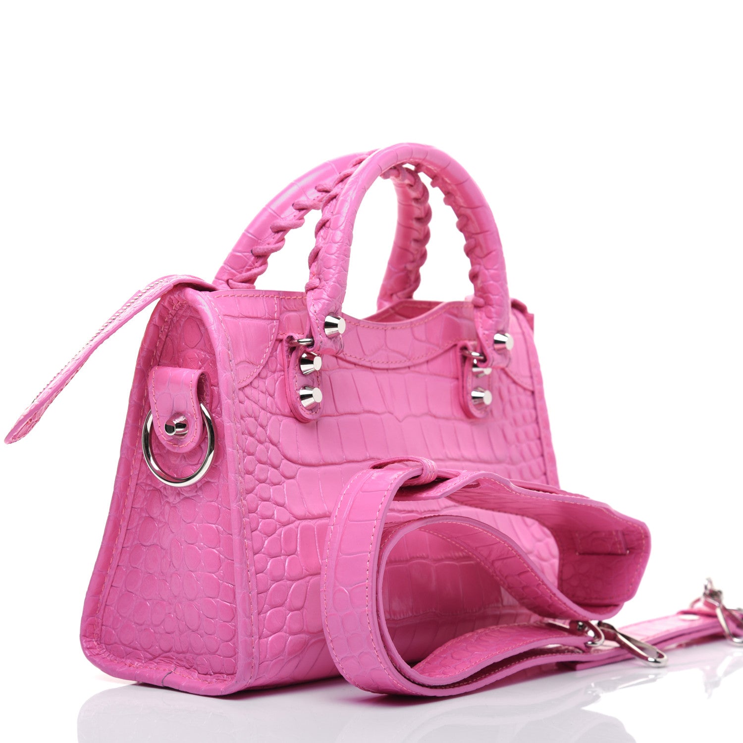 Balenciaga Shiny Supple Calfskin Crocodile Embossed Classic Silver Hardware Mini City Baby Pink 3 of 32