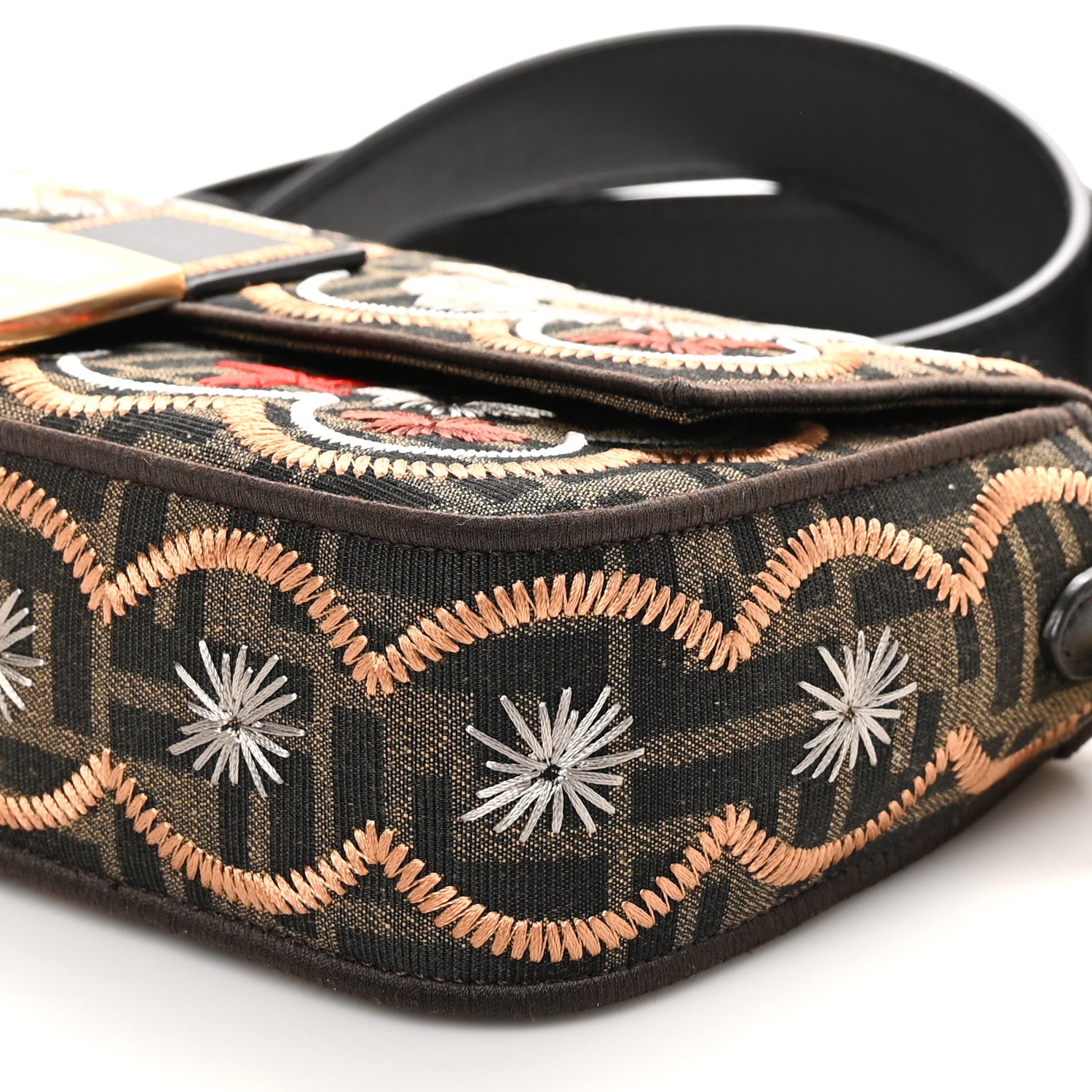Fendi Fabric Jacquard FF 1974 Floral Embroidered Baguette Tobacco Moro Multicolor 10 of 10