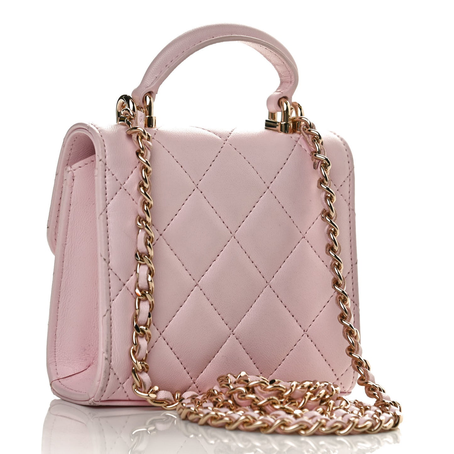 Lambskin Quilted Top Handle Clutch With Chain Light Pink