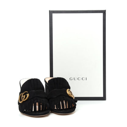 Gucci Kid Scamosciato GG Marmont Fringe 75mm Slide Sandals 37 Black 10 of 10