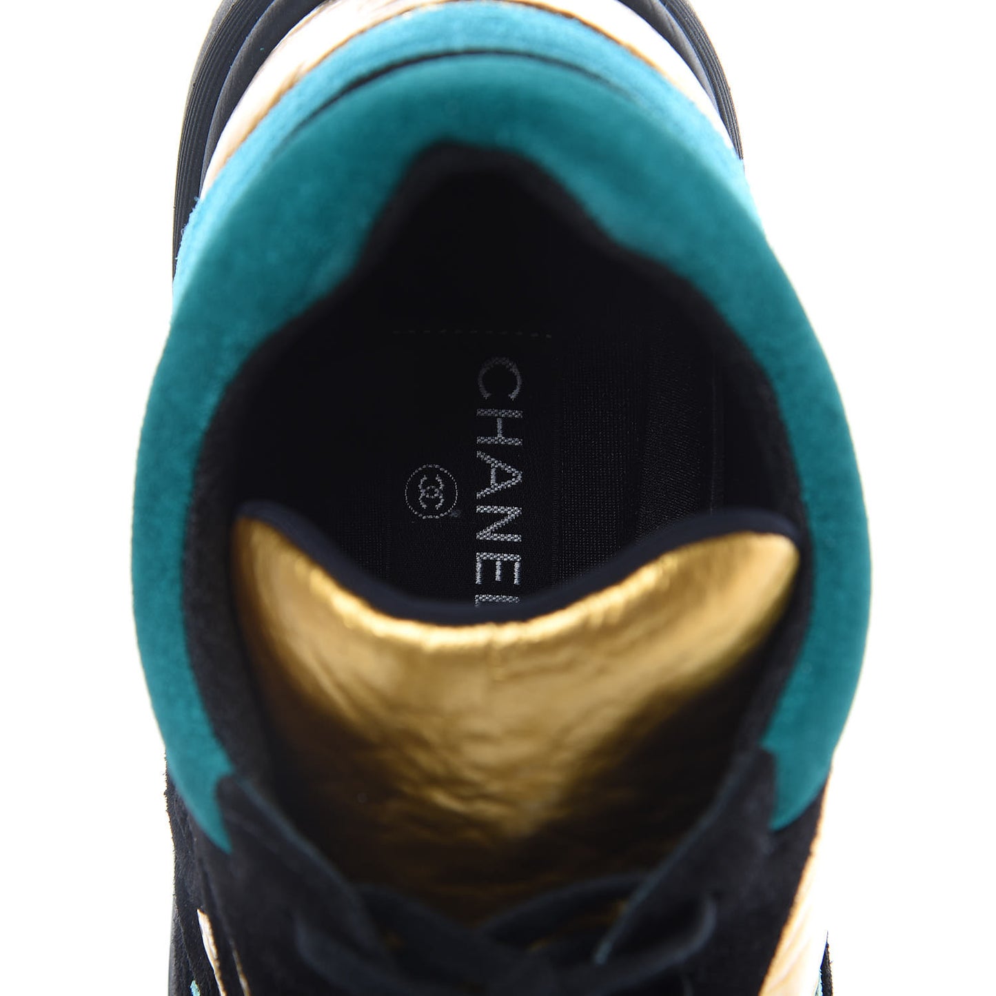 Fabric Calfskin Suede CC Womens Sneakers 38.5 Black Turquoise Gold