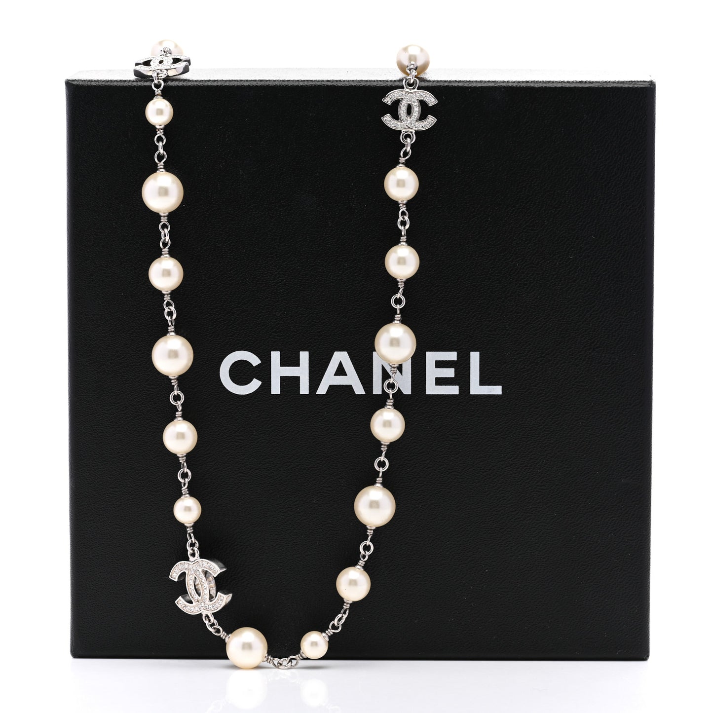 Graduated Pearl Crystal CC Long Necklace Silver