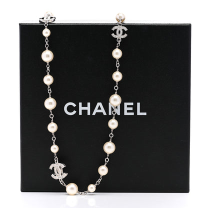 Chanel Graduated Pearl Crystal CC Long Necklace Silver 6 of 6