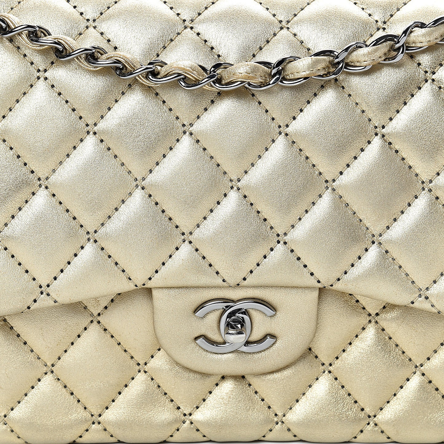 Metallic Washed Lambskin Quilted Jumbo Double Flap Dark Gold Black