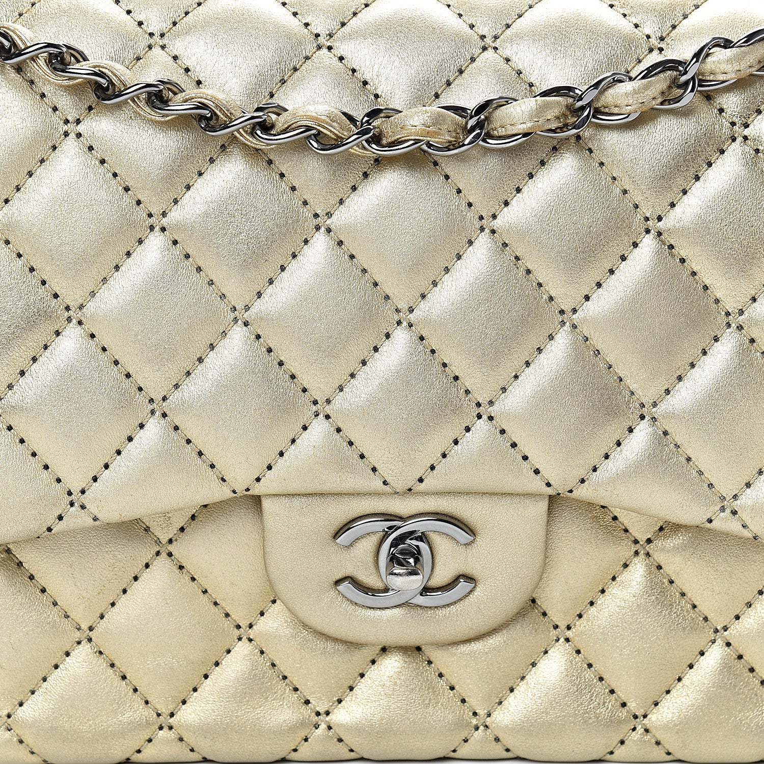 Chanel Metallic Washed Lambskin Quilted Jumbo Double Flap Dark Gold Black 7 of 16