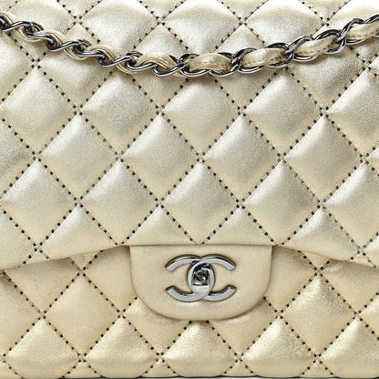 Chanel Metallic Washed Lambskin Quilted Jumbo Double Flap Dark Gold Black 7 of 16
