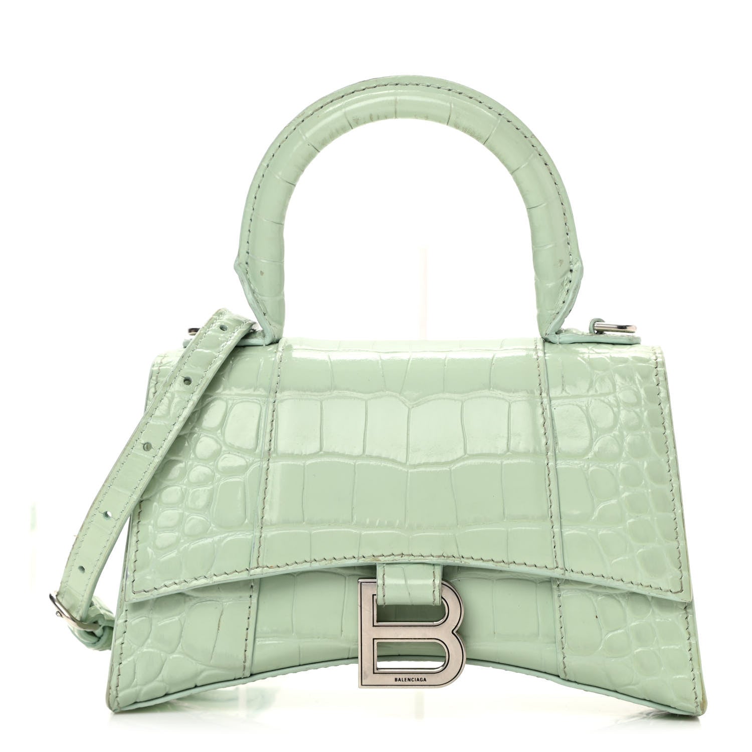 Balenciaga Shiny Calfskin Crocodile Embossed Hourglass Top Handle Bag XS Light Green 1 of 20