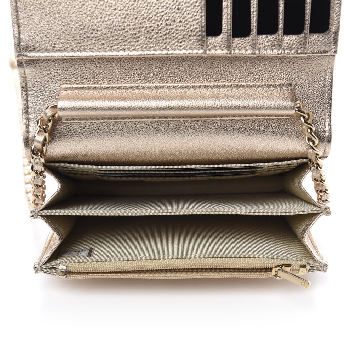 Metallic Lambskin Quilted Mini Wallet On Chain WOC Gold