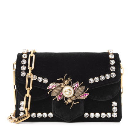 Gucci Velvet Crystal Mini Bee Broadway Shoulder Bag Black 1 of 7
