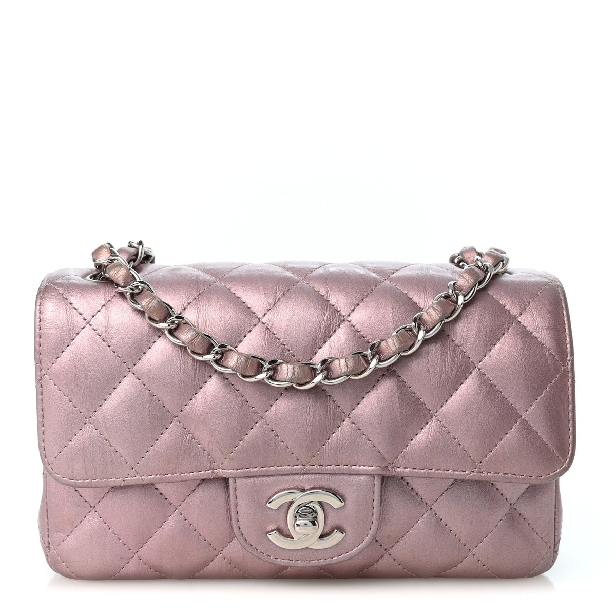 Metallic Calfskin Quilted Mini Rectangular Flap Pink