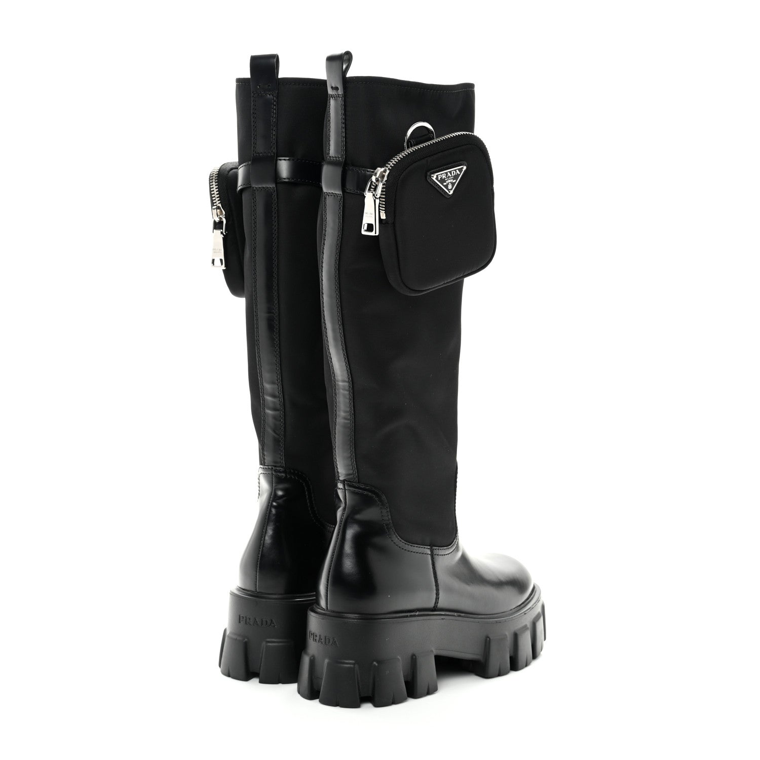 Prada Spazzolato Rois Re-Nylon Metal Triangle Logo Monolith Pouch Pocket 55mm Tall Boots 37 Black 4 of 9