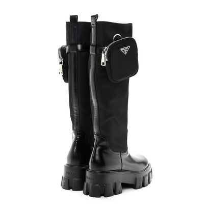 Prada Spazzolato Rois Re-Nylon Metal Triangle Logo Monolith Pouch Pocket 55mm Tall Boots 37 Black 4 of 9