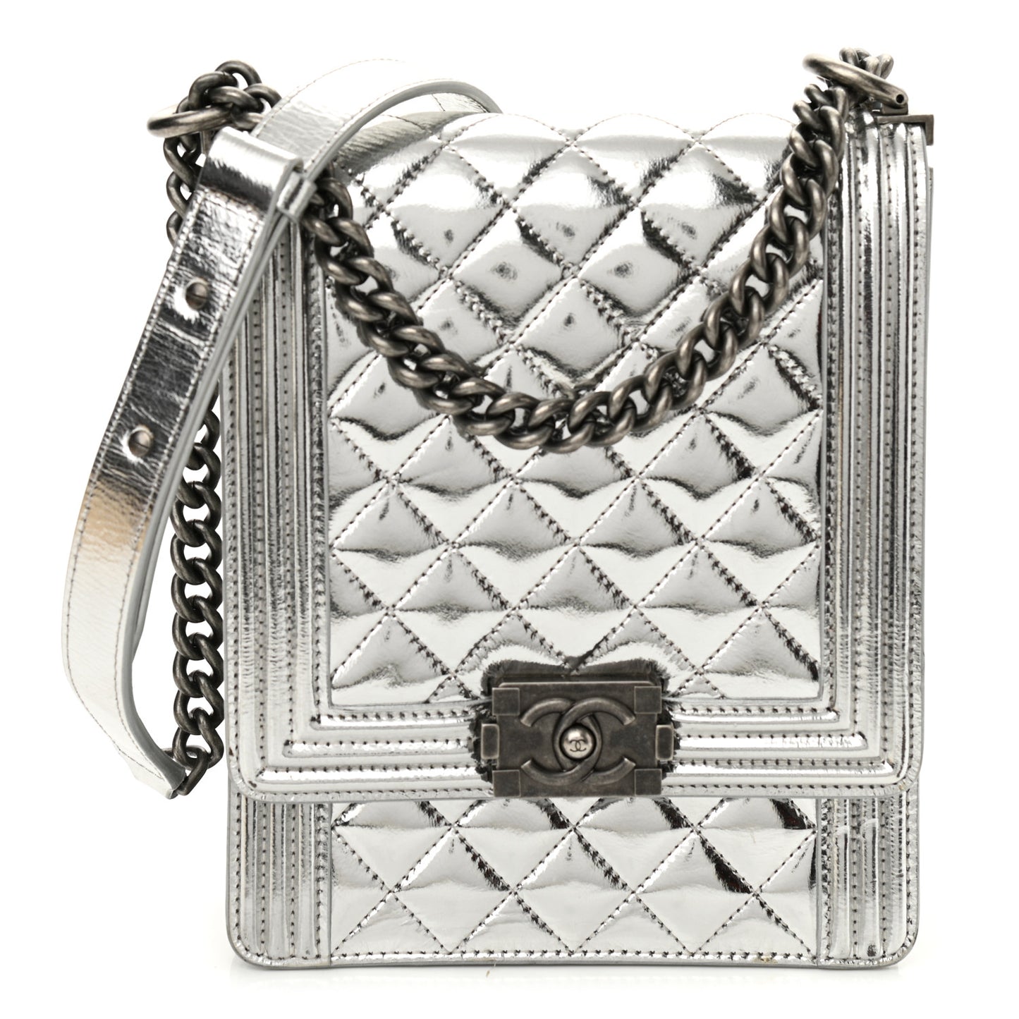 Metallic Goatskin Quilted North South Boy Flap Silver