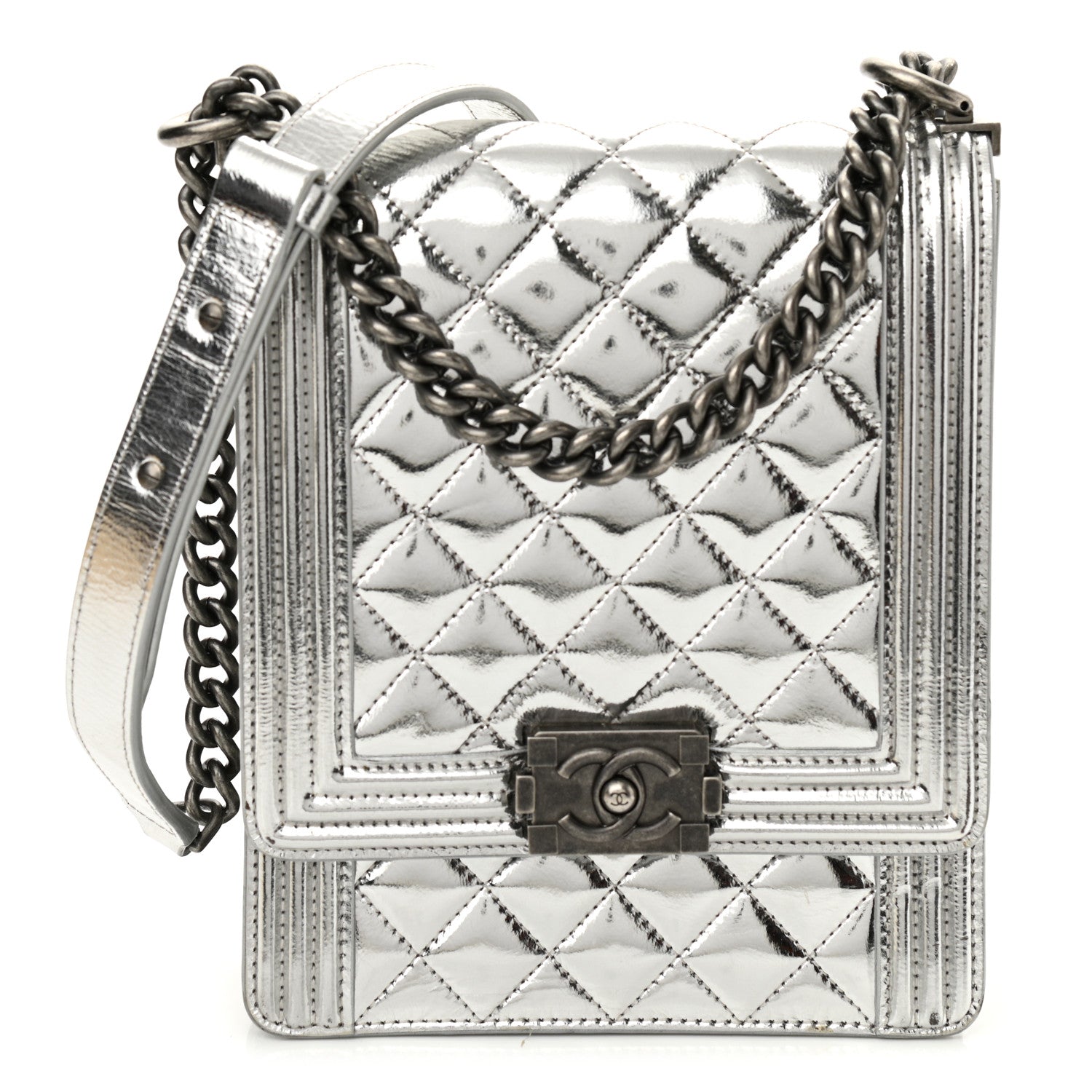 Chanel Metallic Goatskin Quilted North South Boy Flap Silver 1 of 10