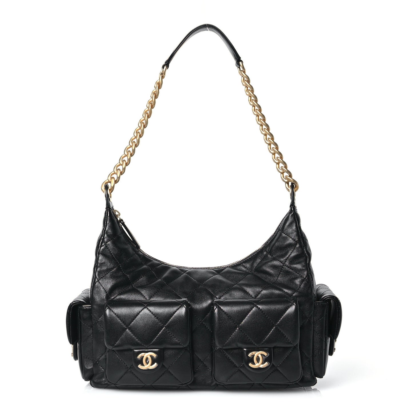 Shiny Lambskin Quilted Trendy Pockets Hobo Black