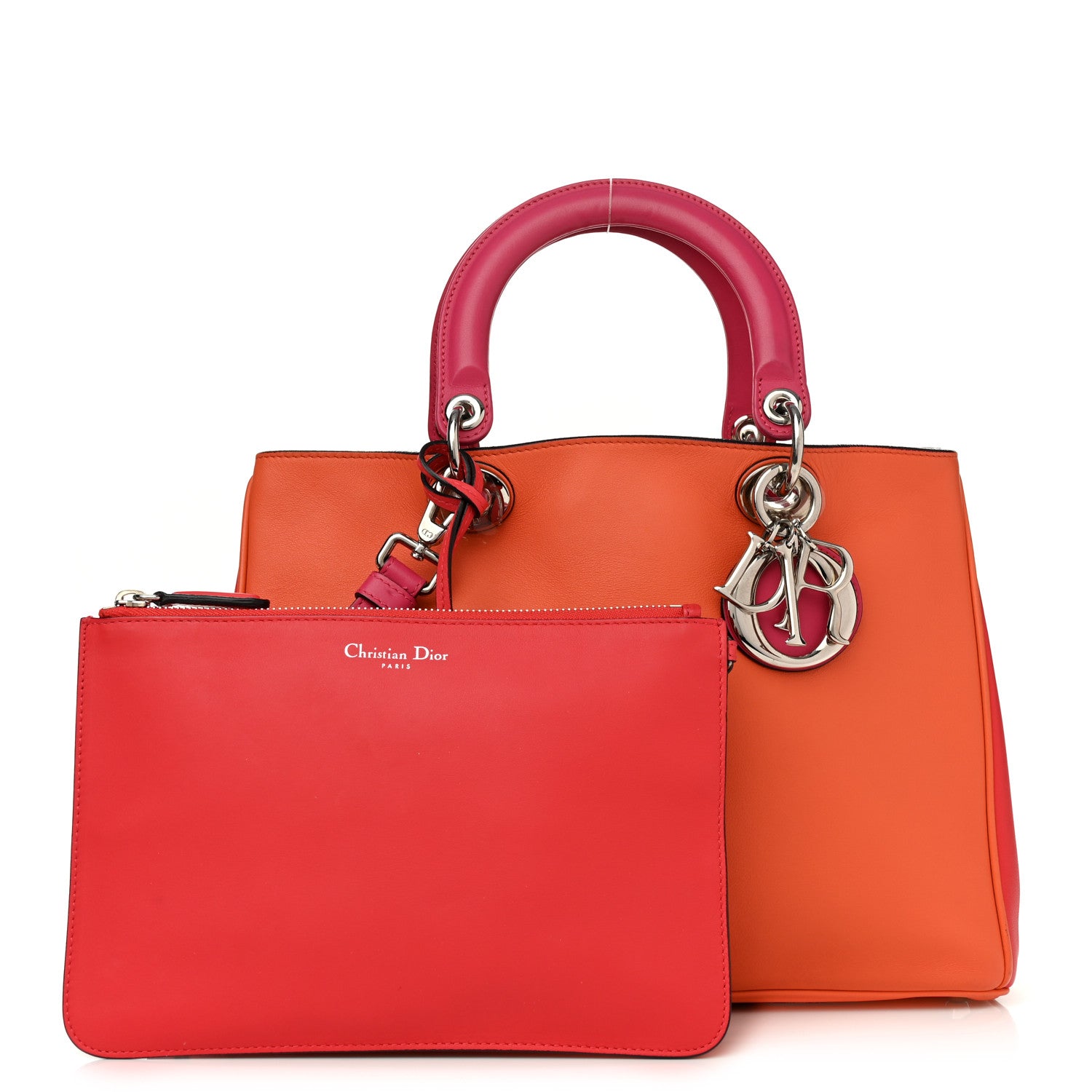 Christian Dior Smooth Calfskin Medium Tri-Color Diorissimo Tote Orange Fuchsia Red 1 of 12