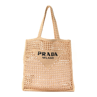 Prada Yarn Raffia Effect Crochet Logo Embroidered Tote Bag Naturale 1 of 9