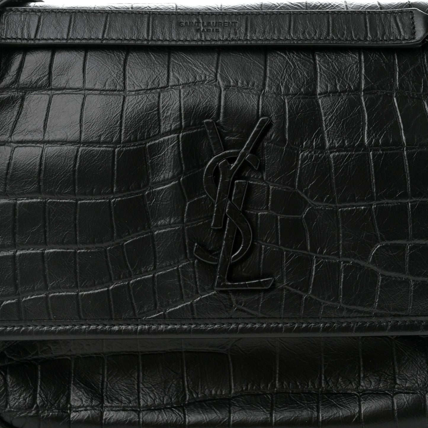 Crocodile Embossed Lambskin Monogram Medium Niki Chain Satchel Black