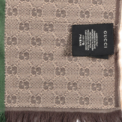 Gucci Wool Silk GG Monogram Web Verbier Fringe Scarf Light Brown Dark Green 3 of 5
