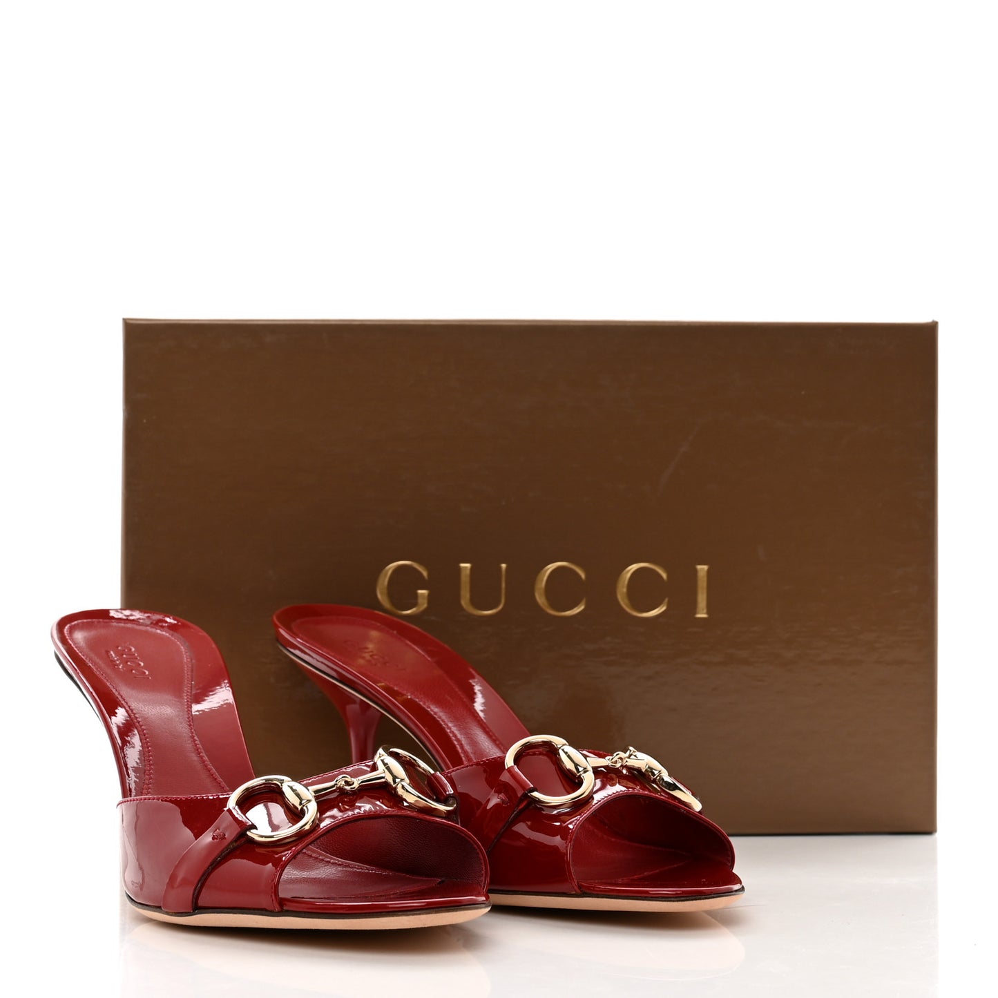 Patent Calfskin Horsebit Mid Heel Slides 8 Red