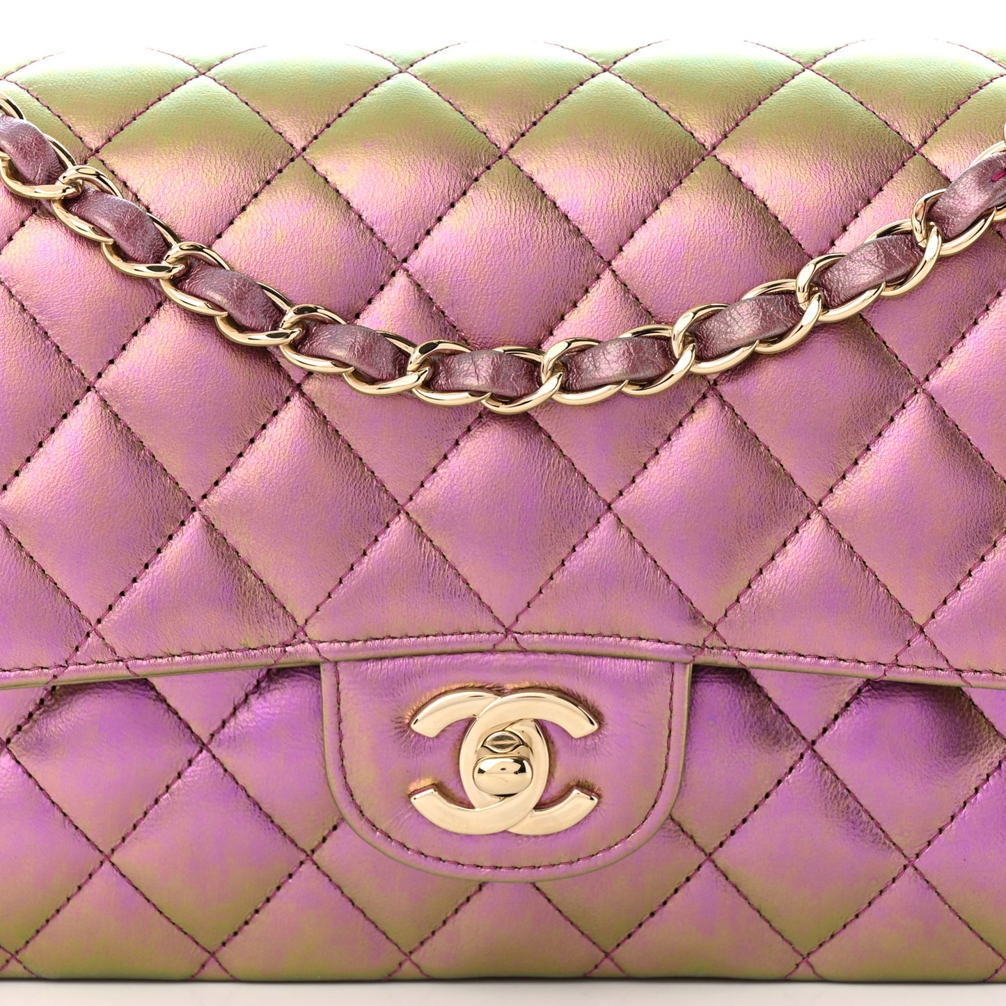 Iridescent Lambskin Quilted Medium Double Flap Purple