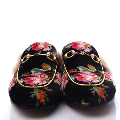 Gucci Velvet Fur Floral Womens Princetown Slippers 37 Black 5 of 10