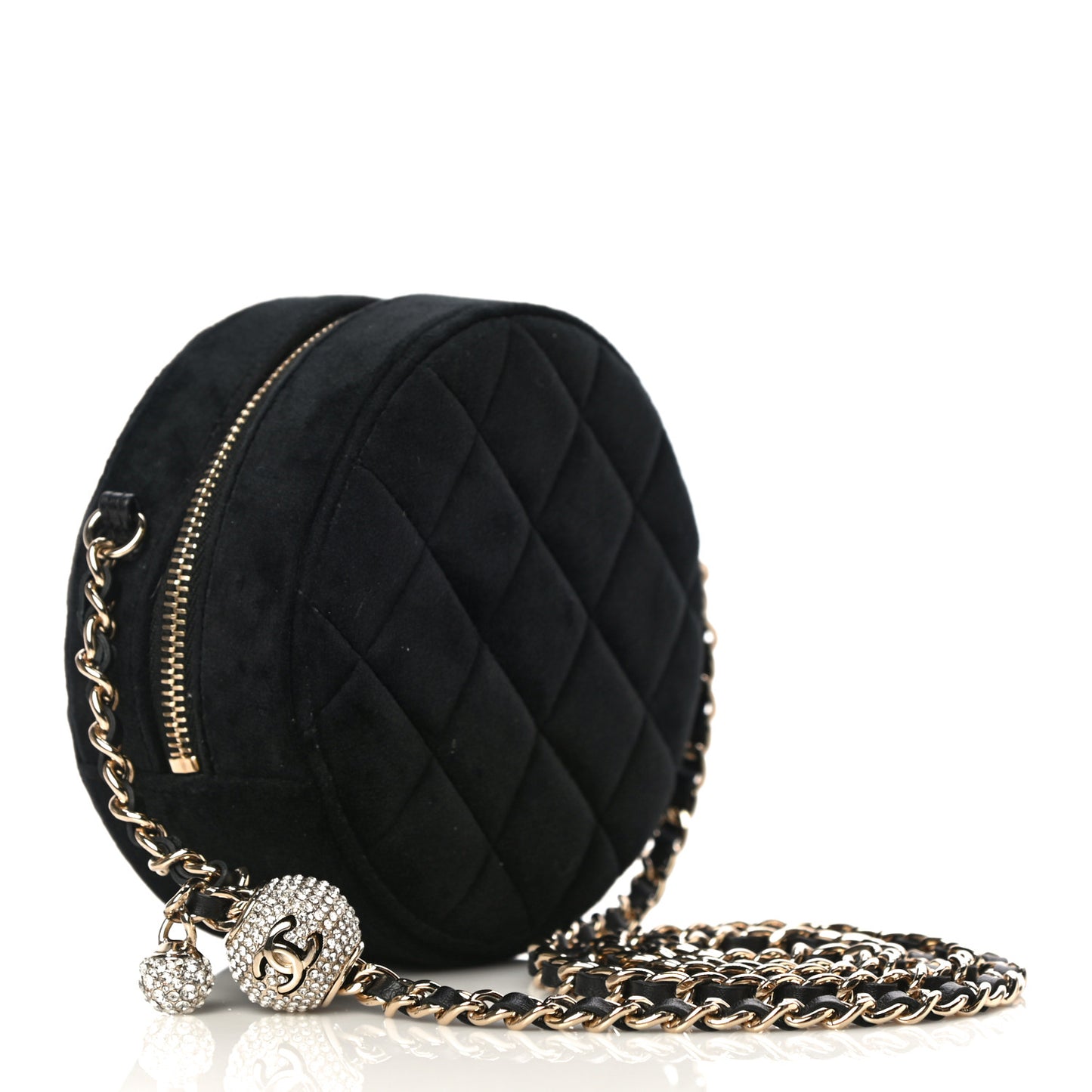 Velvet Quilted Pearl Crush Round Clutch With Chain Black
