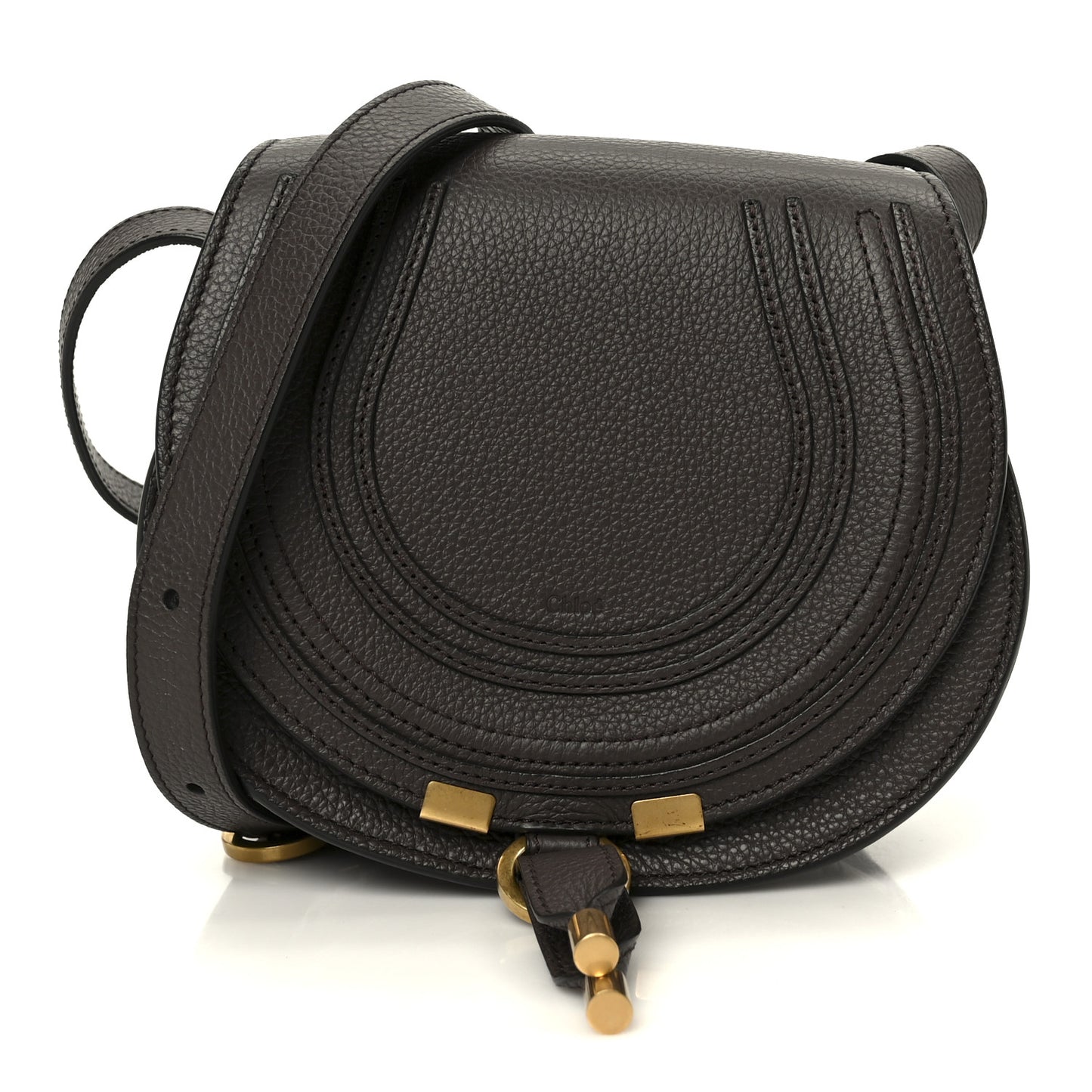 Grained Calfskin Small Marcie Round Crossbody Bag Bold Brown