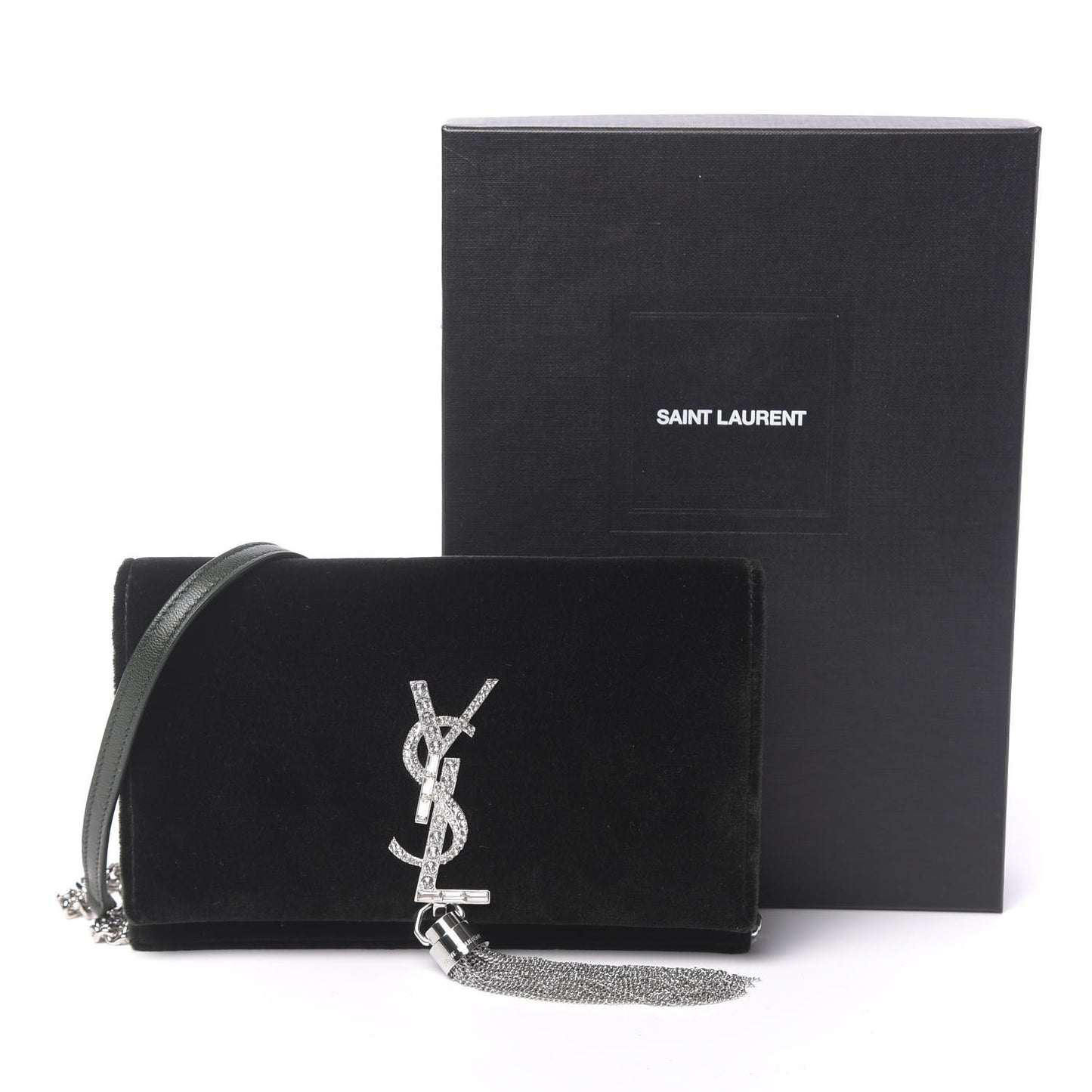 Velvet Crystal Monogram Kate Tassel Chain Wallet Green