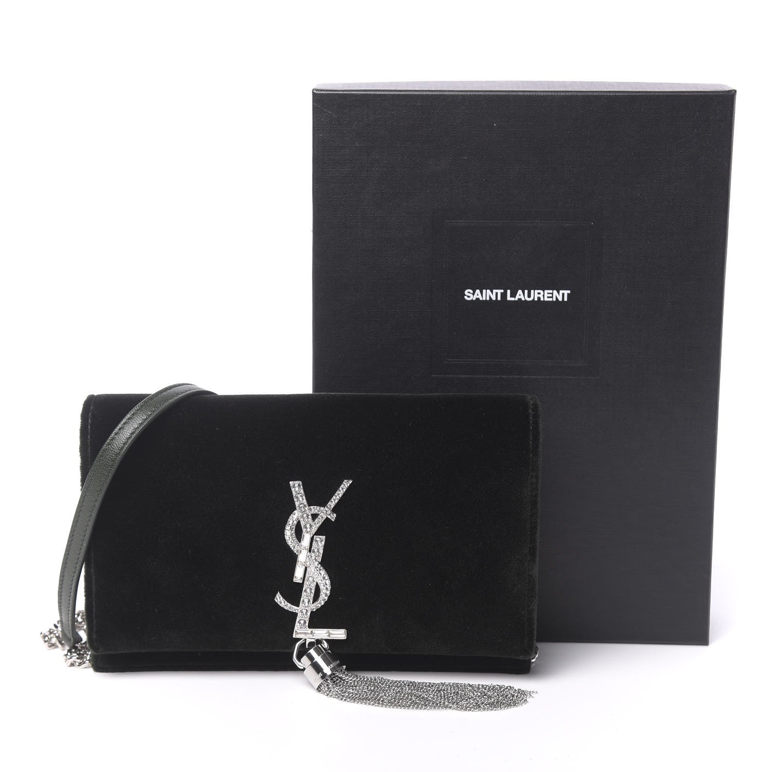 Saint Laurent Velvet Crystal Monogram Kate Tassel Chain Wallet Green 11 of 11