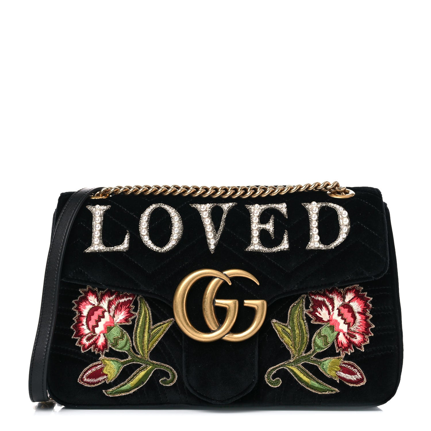 Gucci Velvet Matelasse Loved Embroidered Medium GG Marmont Shoulder Bag Black 1 of 16