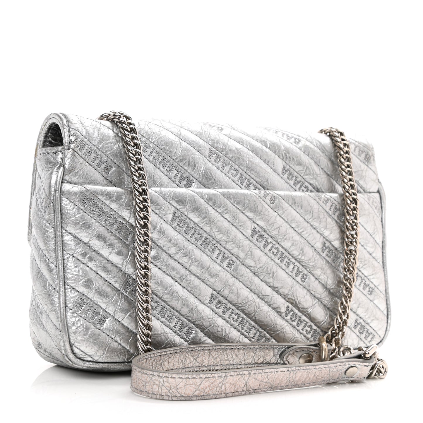 Metallic Arena Calfskin Logo Matelasse BB Chain Wallet Argent