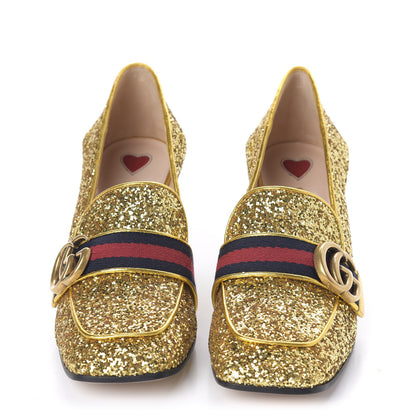 Gucci Glitter Nappa Web Peyton 75mm Loafer Pumps 35.5 Oro Vecchio 2 of 10