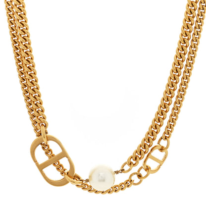 Christian Dior Metal Crystal Pearl CD Necklace Gold 1 of 4